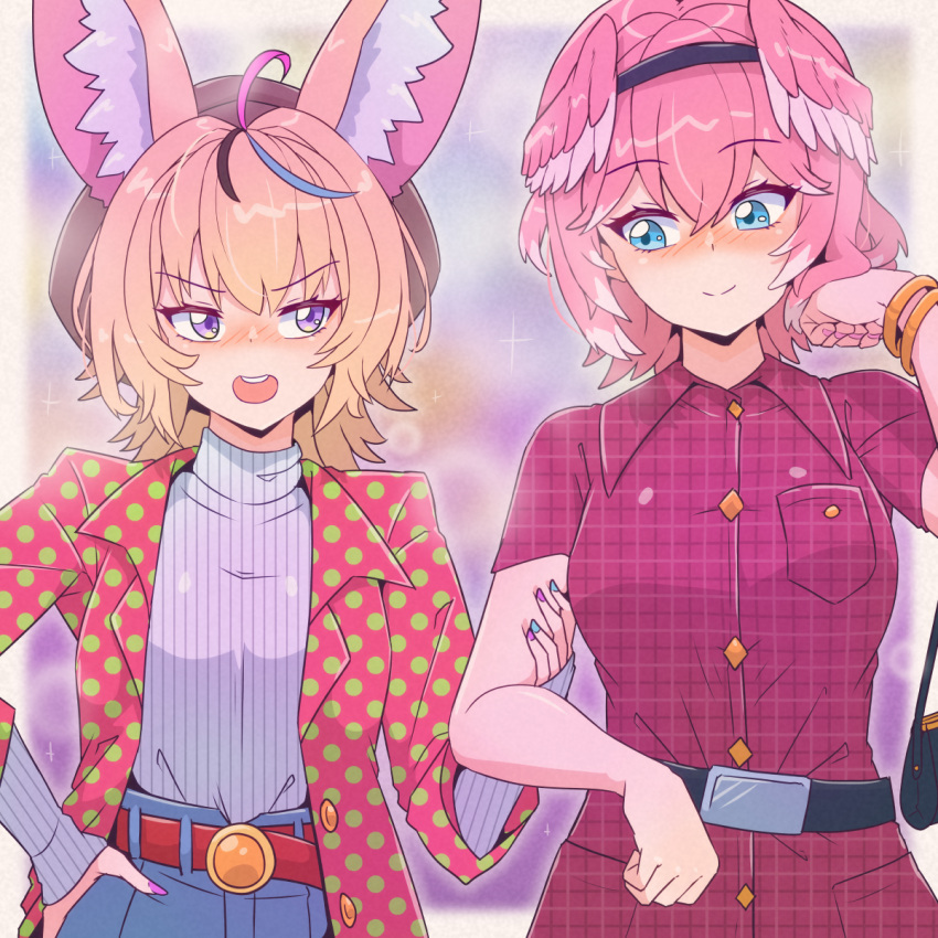 2girls ahoge animal_ears blonde_hair blush dress fox_ears fox_girl hair_ornament hair_wings head_wings highres hololive long_hair moral_cacoethes multicolored_hair multiple_girls omaru_polka pink_hair smile streaked_hair takane_lui turtleneck violet_eyes virtual_youtuber wings yuri