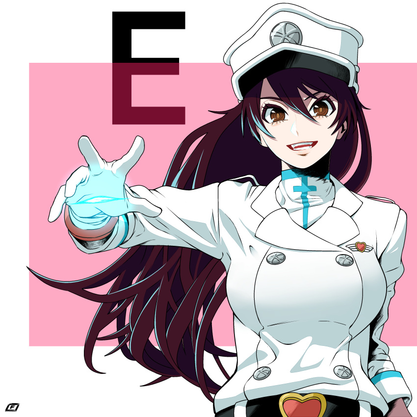 1girl absurdres badge bambietta_basterbine belt black_belt black_hair bleach brown_eyes buckle buttons double-breasted e_(letter) gloves hat heart heart-shaped_buckle highres jacket long_hair long_sleeves looking_at_viewer mantis-f military_hat military_uniform open_mouth pink_background solo two-tone_background uniform upper_body white_background white_gloves white_headwear white_jacket
