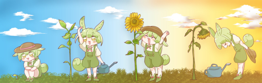 1girl :3 ^_^ absurdres arm_up arms_up blue_sky blush bowing closed_eyes commentary day evening flower gradient_sky grass green_brooch green_footwear green_hair green_shorts growth hat highres holding holding_clothes holding_hat holding_watering_can long_hair low_ponytail measuring multiple_views neck_ribbon orange_sky pink_ribbon puffy_short_sleeves puffy_shorts puffy_sleeves ribbon shirt short_sleeves shorts sky smile sprout squatting standing sun_hat sunflower suspender_shorts suspenders time_lapse umiuchi_kei v-shaped_eyebrows very_long_hair voicevox watering_can white_shirt wilted_flower yellow_eyes zundamon