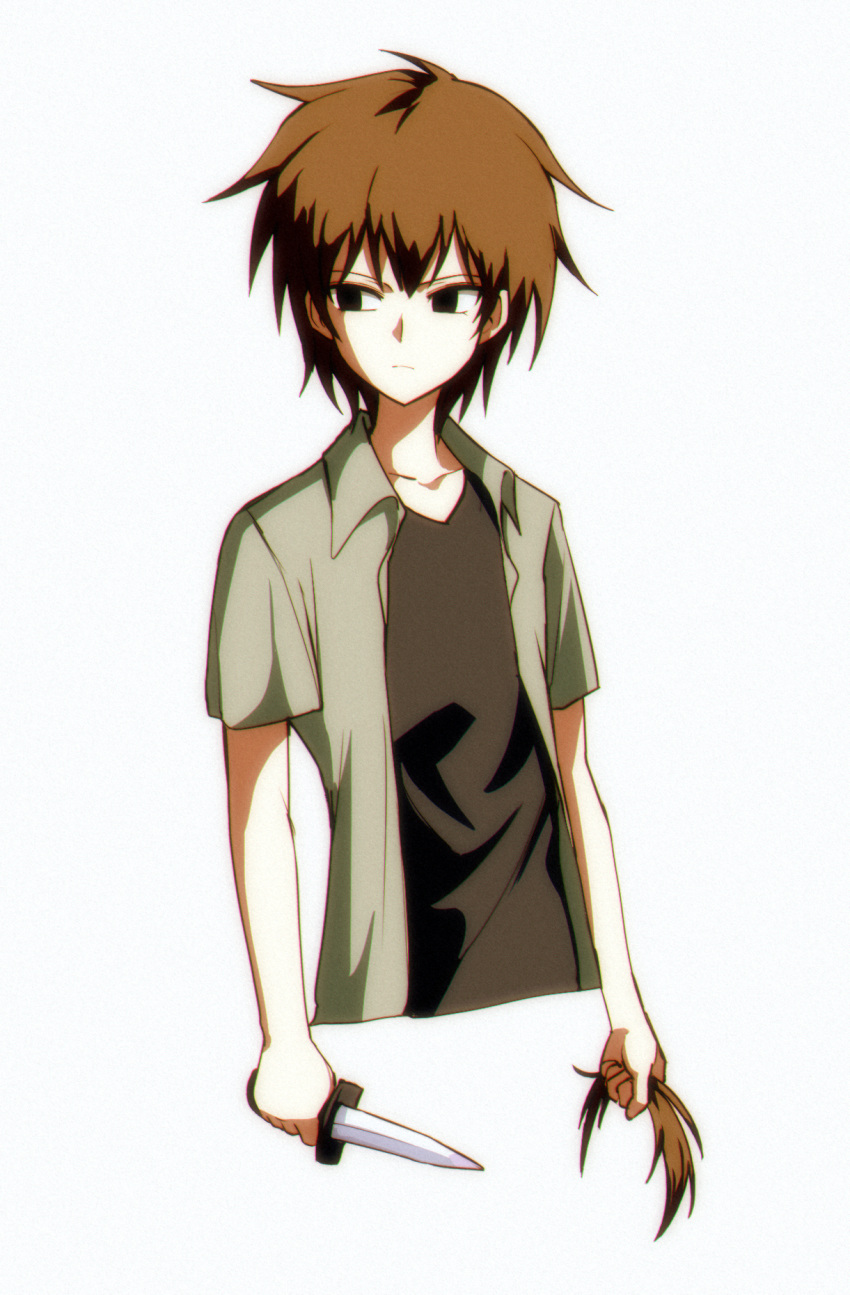 1other androgynous atoymk black_shirt brown_hair chromatic_aberration closed_mouth collared_shirt dagger film_grain grey_shirt highres holding holding_dagger holding_hair holding_knife holding_weapon knife kurohebi len'en no_headband open_clothes open_shirt other_focus shirt short_hair short_sleeves simple_background solo upper_body weapon white_background