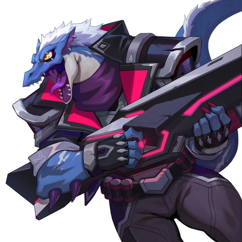 1boy absurdres artist_request blue_skin colored_skin drek'kar_(omega_strikers) gun highres holding holding_gun holding_weapon jacket lizardman non-web_source official_art omega_strikers open_mouth pants scarf solo spiked_arm weapon white_hair yellow_eyes