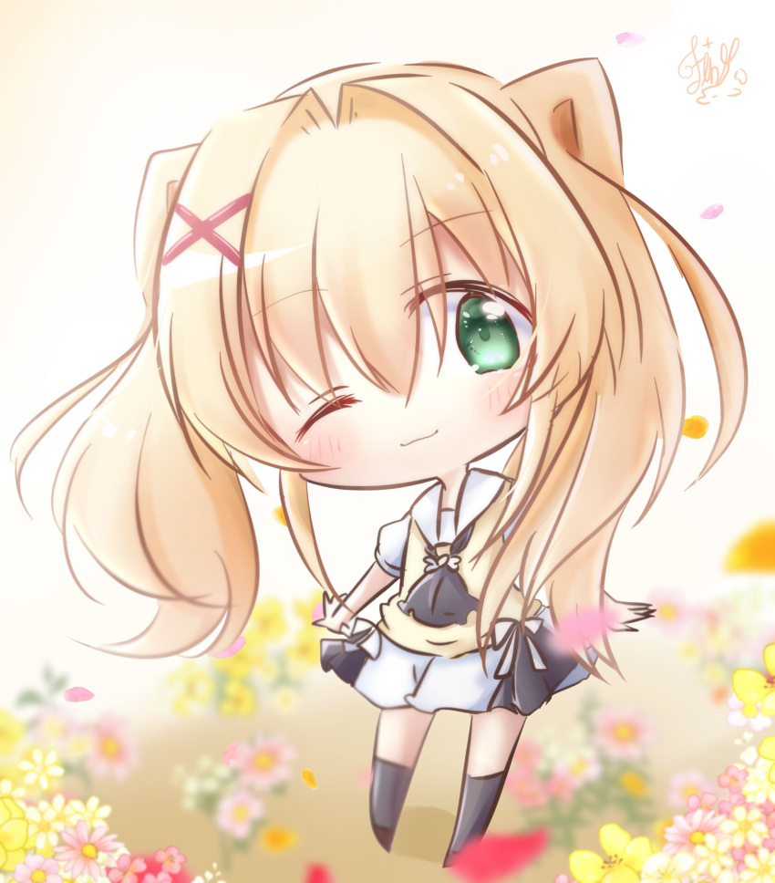 1girl ;3 ascot black_ascot black_socks blonde_hair blurry blurry_background blush chibi closed_mouth commentary_request falling_petals flower green_eyes hair_between_eyes hair_intakes hair_ornament highres kneehighs long_hair looking_at_viewer miniskirt one_eye_closed petals pink_flower puffy_short_sleeves puffy_sleeves red_flower sailor_collar school_uniform short_sleeves sidelocks signature simple_background skirt smile socks solo summer_pockets sweater_vest tareme tsumugi_wenders twintails utuigawa white_background white_sailor_collar white_skirt x_hair_ornament yellow_flower yellow_sweater_vest
