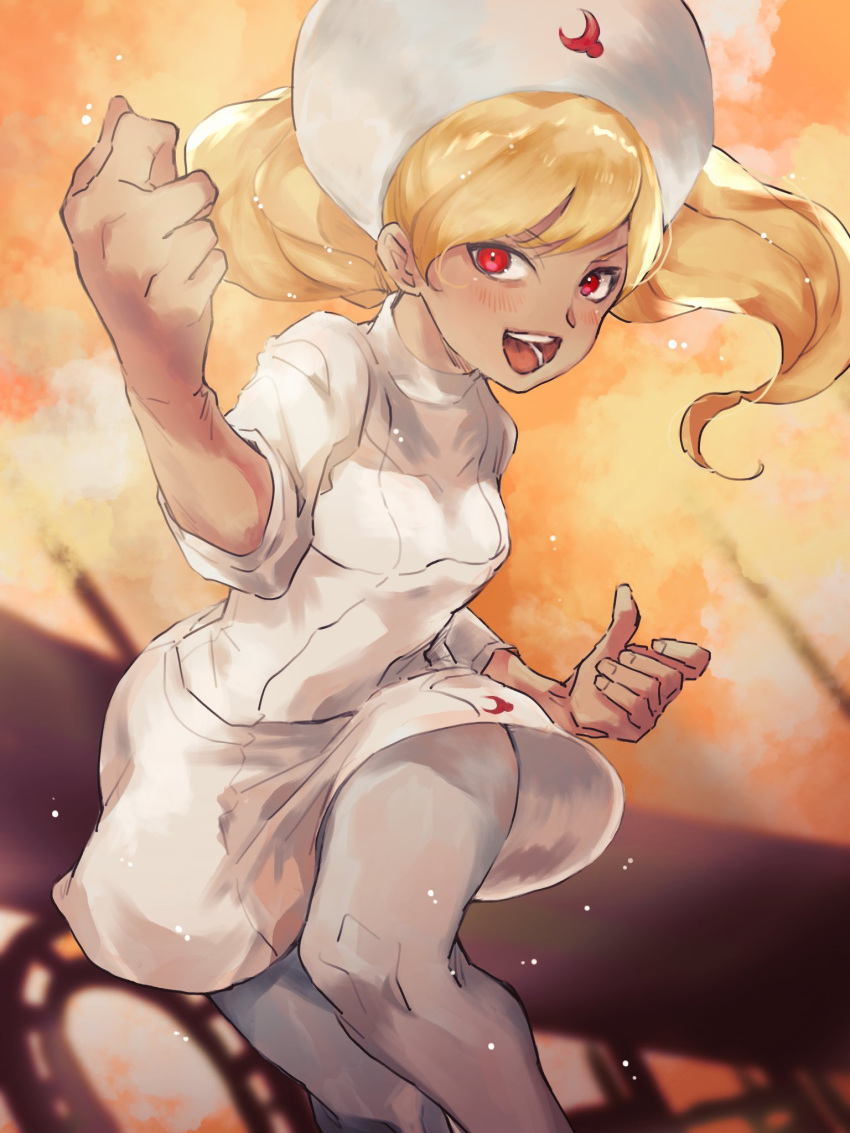 1girl blonde_hair clenched_hand gravity_daze hat highres kitten_(gravity_daze) no31990 nurse nurse_cap open_mouth red_eyes smile solo teeth tongue
