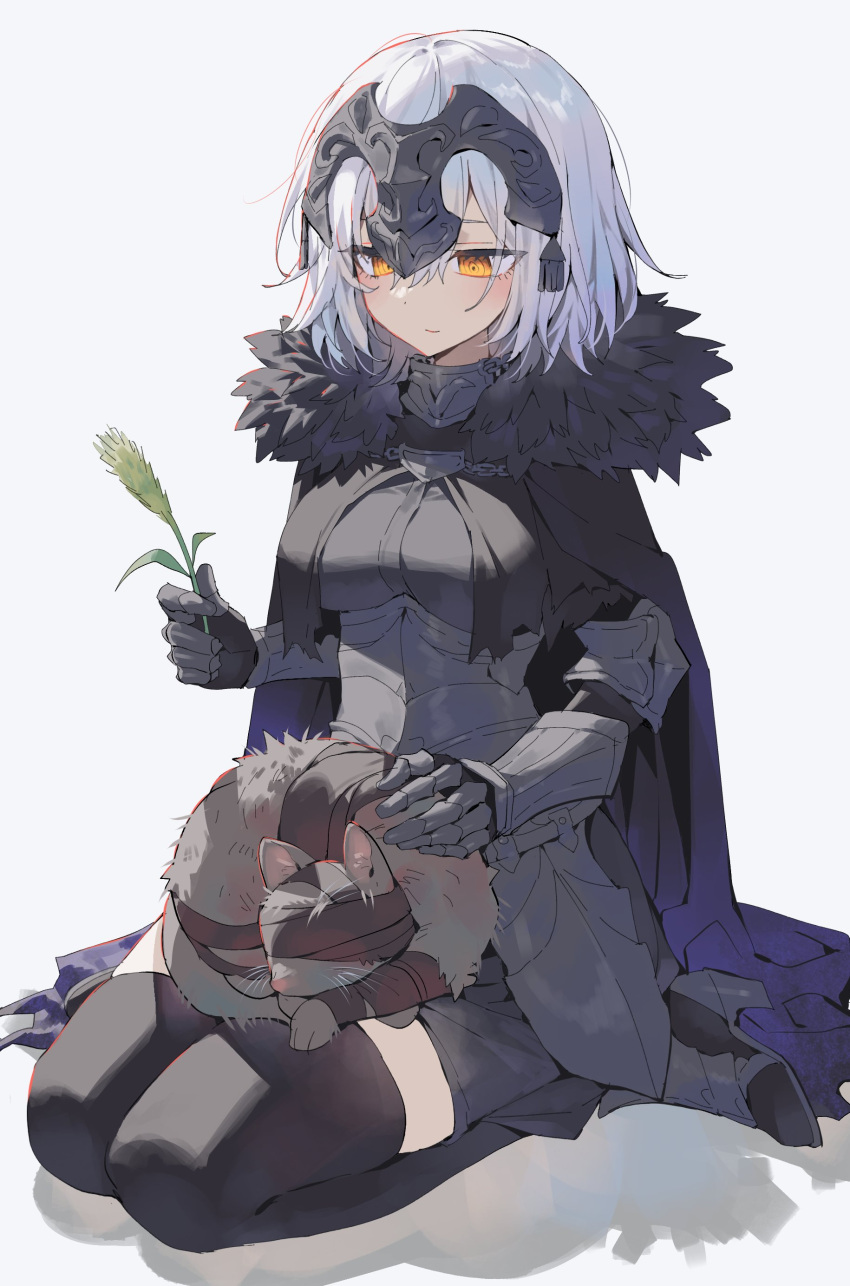 1girl absurdres armor bandages black_cape black_thighhighs cape cat cattail closed_mouth devy_lobotomy fate/samurai_remnant fate_(series) headpiece highres jeanne_d'arc_alter_(fate) jeanne_d'arc_alter_(lancer)_(fate) plant seiza short_hair sitting solo thigh-highs white_hair yellow_eyes