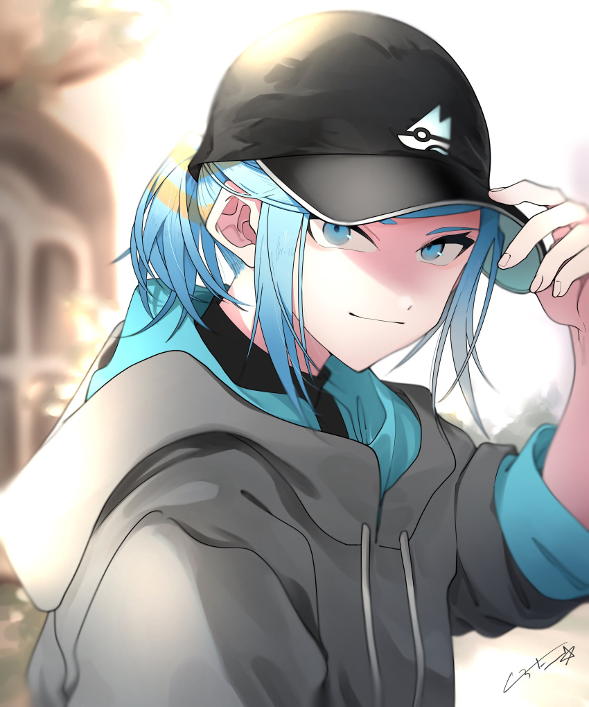 1boy absurdres alternate_costume aqua_eyes aqua_hair baseball_cap black_headwear black_shirt blurry blurry_background closed_mouth commentary_request day grey_hoodie grusha_(pokemon) hand_on_headwear hand_up hat highres hood hood_down hoodie kurota_(hmdstk0801) looking_at_viewer male_focus outdoors pokemon pokemon_(game) pokemon_sv shirt short_ponytail signature smile solo upper_body
