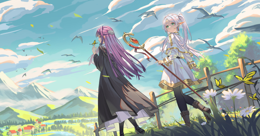 2girls absurdres al_guang bird boots bug butterfly capelet earrings elf fern_(sousou_no_frieren) frieren green_eyes highres holding holding_staff jewelry long_hair mage_staff multiple_girls outdoors pointy_ears purple_hair sousou_no_frieren staff village walking white_capelet white_hair