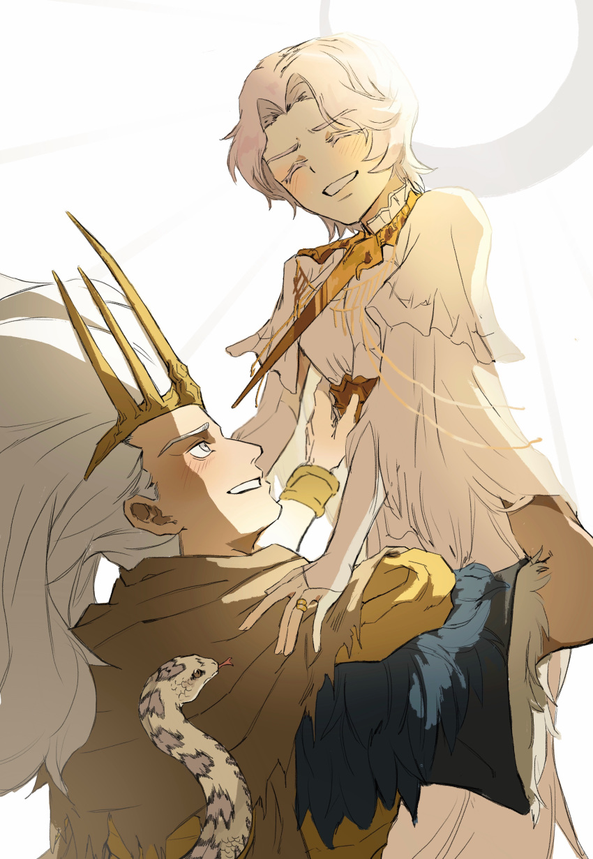 2boys :d absurdres animal blush brothers brown_scarf closed_eyes crown dark_souls_(series) dark_souls_i dark_souls_iii dark_sun_gwyndolin dress fur-trimmed_sleeves fur_trim gold_necklace grey_background grey_hair highres jewelry layered_dress lifting_person long_hair long_sleeves looking_at_another male_focus multiple_boys nameless_king necklace no_headwear ring scarf short_hair short_sleeves siblings smile snake teeth torn_clothes torn_scarf zunkome