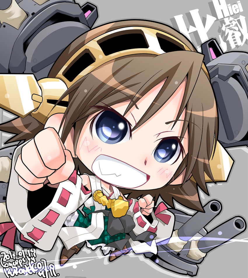 1girl blue_eyes boots brown_hair cannon character_name chibi detached_sleeves flipped_hair frilled_skirt frills green_skirt hairband headgear hiei_(kancolle) highres japanese_clothes kantai_collection kuroneko_(kuroneko_works) nontraditional_miko plaid plaid_skirt ribbon-trimmed_sleeves ribbon_trim rigging short_hair skirt solo thigh_boots turret wide_sleeves