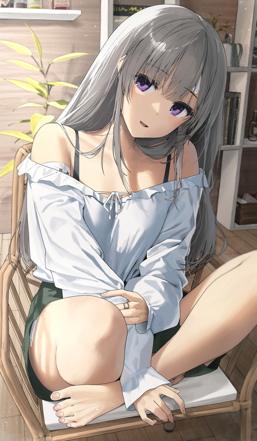 1girl bandaid bandaid_on_face bandaid_on_forehead blunt_bangs blurry blurry_background book bookshelf bottle box chair collarbone eyelashes frilled_shirt frills grey_hair hand_on_own_arm highres idolmaster idolmaster_shiny_colors indian_style jewelry light_smile long_hair long_sleeves looking_at_viewer noeru off_shoulder open_mouth plant ring shirt sitting sleeves_past_wrists solo straight_hair violet_eyes watering_can wooden_floor yukoku_kiriko