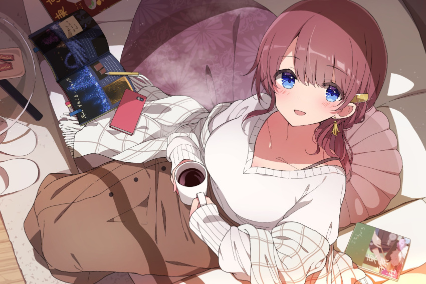 1girl black_bra blue_eyes blush book bookmark bra bra_strap breasts brown_hair brown_skirt buttons cellphone coffee coffee_mug collarbone commentary_request couch cup dappled_sunlight from_above full_body glass highres holding holding_cup jacket large_breasts looking_at_viewer medium_hair mochigome_(ununquadium) mug off_shoulder on_couch open_book open_clothes open_jacket open_mouth original pen phone pillow plaid plaid_jacket shadow sitting skirt slippers smartphone smile solo sunlight sweater table underwear unworn_slippers white_sweater