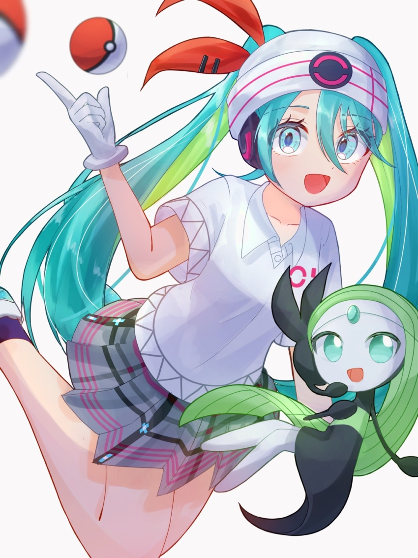 1girl :d beanie collared_shirt commentary_request crossover eyelashes gloves green_hair grey_skirt hair_between_eyes hand_up hat hatsune_miku highres long_hair meloetta meloetta_(aria) open_mouth pleated_skirt poke_ball poke_ball_(basic) pokemon pokemon_(creature) project_voltage psychic_miku_(project_voltage) shirt shoes skirt smile socks tongue twintails vocaloid white_background white_headwear white_shirt yana_(gsgk0jxuweehcss)