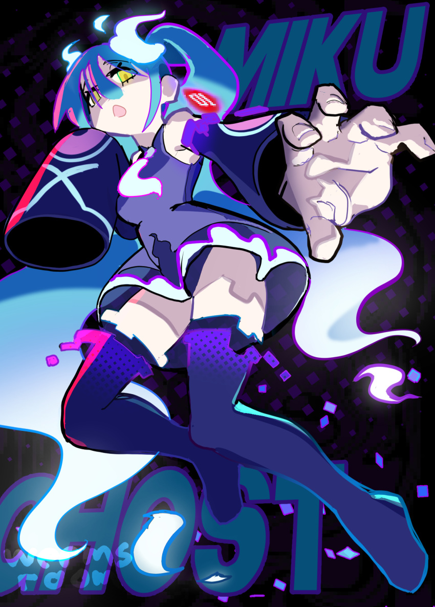 1girl black_sleeves black_thighhighs blue_hair character_name commentary detached_arm detached_legs detached_sleeves english_commentary floating full_body ghost_miku_(project_voltage) glitch gradient_hair grey_shirt hair_between_eyes hand_up hatsune_miku highres long_hair looking_at_viewer multicolored_hair necktie open_mouth outstretched_arm pale_skin pokemon print_sleeves project_voltage reaching reaching_towards_viewer see-through see-through_skirt shaded_face shirt skirt sleeveless sleeveless_shirt sleeves_past_fingers sleeves_past_wrists solo thigh-highs twintails very_long_hair vocaloid wermer white_hair white_necktie yellow_eyes