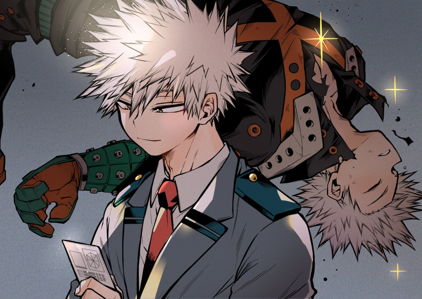 1boy adam's_apple bakugou_katsuki black_pants blazer blonde_hair boku_no_hero_academia card chiyaya closed_eyes closed_mouth collared_shirt diffraction_spikes double_horizontal_stripe eyebrows_hidden_by_hair falling film_grain floating from_side gloves glowing green_gloves grey_background grey_jacket hair_between_eyes hair_slicked_back hand_up happy high_collar highres holding holding_card jacket lapels light looking_at_object looking_down male_focus midair multiple_views necktie notched_lapels open_collar orange_eyes orange_gloves outstretched_arm pants parted_lips profile radar_chart red_necktie school_uniform shirt short_hair sideways_mouth smile spiky_hair spoilers torn_clothes trading_card two-tone_gloves u.a._school_uniform unconscious upper_body white_shirt wing_collar wrist_guards