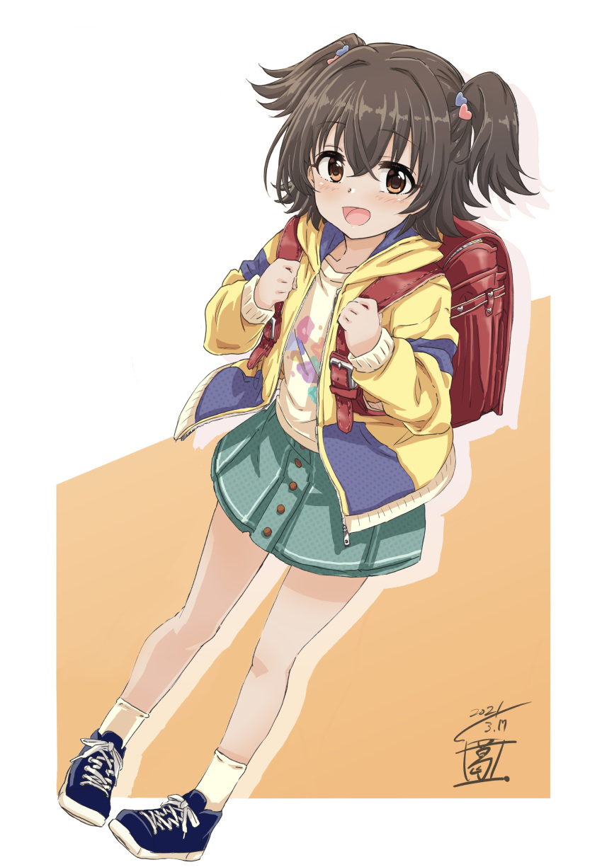 1girl absurdres akagi_miria backpack bag black_hair blue_footwear blush breasts brown_eyes brown_hair collarbone dated dot_nose dutch_angle floral_print green_skirt hair_ornament hands_up heart heart_hair_ornament highres holding_strap hood hood_down hoodie idolmaster idolmaster_cinderella_girls idolmaster_cinderella_girls_starlight_stage long_sleeves looking_at_viewer open_clothes open_hoodie open_mouth pigeon-toed print_shirt randoseru sekiya_kuzuyu shirt shoes short_hair signature silhouette skirt small_breasts smile sneakers socks solo standing twintails two-tone_background two_side_up yellow_hoodie yellow_shirt yellow_socks