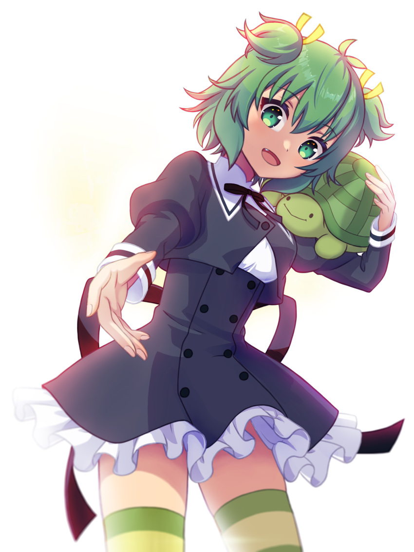 1girl assault_lily black_ribbon black_skirt buttons c-chrone commentary_request commission cowboy_shot cropped_jacket fang fingernails frilled_skirt frills gradient_background green_eyes green_hair green_thighhighs hair_between_eyes hair_ribbon hand_up high-waist_skirt highres holding holding_stuffed_toy juliet_sleeves long_sleeves looking_at_viewer miniskirt multicolored_thighhighs neck_ribbon open_mouth outstretched_arm pixiv_commission puffy_sleeves reaching reaching_towards_viewer ribbon school_uniform shirt short_hair skirt smile solo standing stuffed_animal stuffed_toy stuffed_turtle thigh-highs two_side_up white_background white_shirt yellow_background yellow_ribbon yellow_thighhighs yoshimura_thi_mai yurigaoka_girls_academy_school_uniform