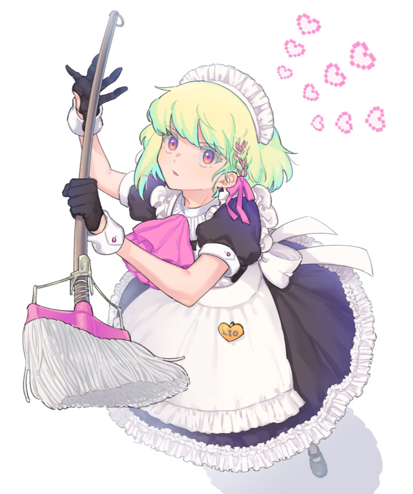 1boy alternate_costume alternate_hairstyle apron ascot back_bow black_dress bow braid dress from_above gloves green_hair hair_bow half_gloves heart highres holding holding_mop kome_1022 lio_fotia maid maid_apron maid_headdress male_focus mop name_tag open_mouth otoko_no_ko pink_ascot pink_bow promare puffy_short_sleeves puffy_sleeves short_hair short_sleeves simple_background solo violet_eyes white_background white_wrist_cuffs