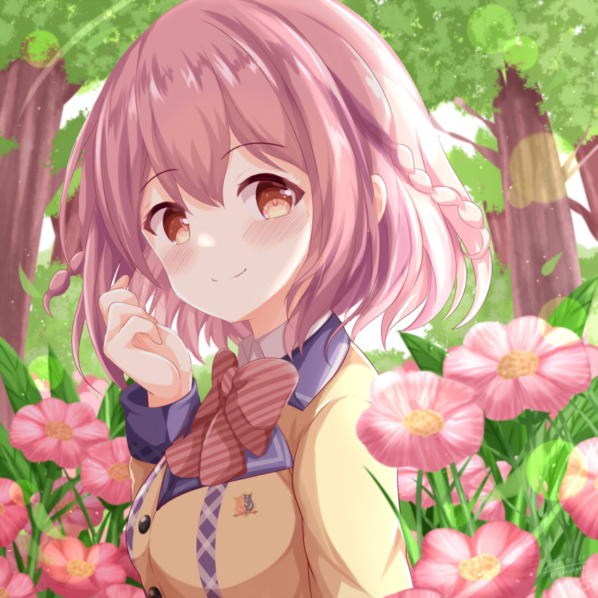 1girl blush bow braid breasts brown_eyes brown_jacket closed_mouth collared_shirt commentary_request day diagonal-striped_bow diagonal_stripes flower hair_between_eyes hand_up highres hoshizaki_akari jacket looking_at_viewer medium_breasts ongeki outdoors pink_flower pink_hair red_bow school_uniform shirt smile solo striped tree twin_braids upper_body white_shirt xenon_(for_achieve)