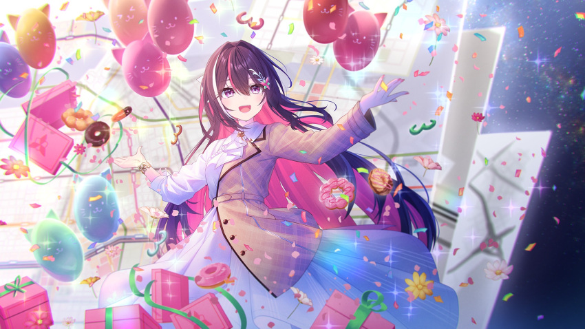 1girl :d ascot azki_(4th_costume)_(hololive) azki_(hololive) balloon black_hair brown_jacket chihiro_ayaka collared_dress colored_inner_hair commentary_request double-parted_bangs doughnut dress flower food grey_dress hair_flower hair_intakes hair_ornament hairclip highres hololive jacket long_hair looking_afar mole mole_under_eye multicolored_hair official_alternate_costume official_alternate_hair_length official_alternate_hairstyle official_art open_mouth pink_hair pon_de_ring skirt skirt_under_dress sleeves_past_elbows smile solo streaked_hair striped striped_dress vertical-striped_dress vertical_stripes very_long_hair violet_eyes virtual_youtuber w_arms white_ascot white_dress white_hair white_skirt