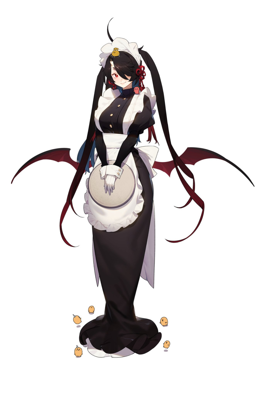 1girl 6+others ahoge apron black_dress black_hair dress full_body gebijiade_89 gloves hair_over_one_eye highres holding holding_tray long_hair long_sleeves looking_at_viewer maid maid_apron maid_headdress multiple_others original red_eyes simple_background smile standing tray very_long_hair white_background white_gloves wrist_cuffs