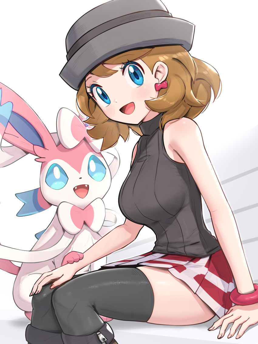 1girl bare_shoulders black_headwear black_thighhighs blue_eyes bracelet gonzarez hand_on_own_knee hat highres jewelry looking_at_viewer official_alternate_hairstyle open_mouth orange_hair pleated_skirt pokemon red_skirt ribbed_sweater serena_(pokemon) short_hair sitting skirt sleeveless sleeveless_turtleneck smile solo sweater sylveon thigh-highs turtleneck white_background
