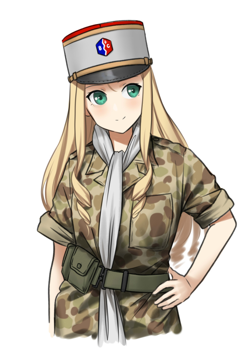1girl absurdres ammunition_pouch belt blonde_hair camouflage camouflage_jacket camouflage_pants closed_mouth drill_hair english_commentary french_army girls_und_panzer green_eyes hand_on_own_hip hat highres jacket kepi long_hair long_sleeves looking_to_the_side mardjan marie_(girls_und_panzer) military military_hat neckerchief pants peaked_cap pouch red_headwear shoulder_boards sleeves_rolled_up smile solo two-tone_headwear white_background white_headwear white_neckerchief