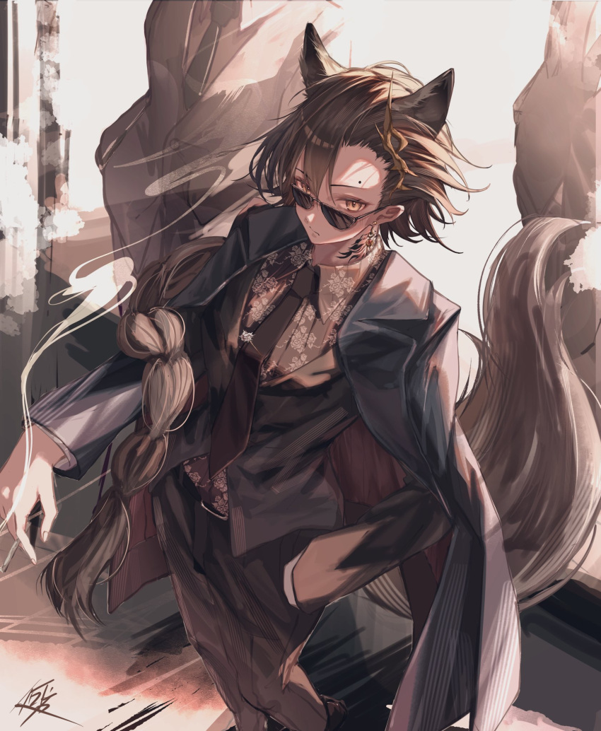 1girl abstract_background animal_ears arknights belt black_belt black_jacket black_pants black_suit black_vest braid brown_hair brown_theme cigarette collared_shirt commentary_request donata_(donatasama) feet_out_of_frame formal hand_in_pocket highres holding holding_cigarette jacket jacket_on_shoulders long_hair looking_at_viewer looking_over_eyewear mole_above_eye neck_tattoo necktie pants partial_commentary penance_(arknights) red_necktie shirt smoke solo suit sunglasses tail tattoo very_long_hair vest white_shirt wolf_ears wolf_girl wolf_tail yellow_eyes