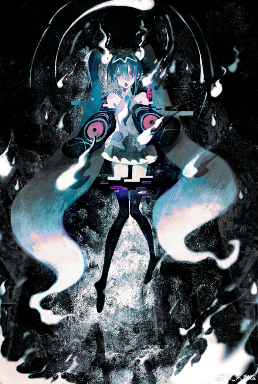 1girl :o absurdly_long_hair absurdres bare_shoulders black_sleeves black_thighhighs blue_hair dark_background detached_arm detached_legs detached_sleeves floating full_body ghost_miku_(project_voltage) glitch gradient_hair grey_shirt grey_skirt hair_between_eyes hands_up hatsune_miku highres long_hair looking_at_viewer multicolored_hair necktie open_mouth pale_skin pokemon print_sleeves project_voltage see-through see-through_skirt shirt skirt sleeveless sleeveless_shirt sleeves_past_fingers sleeves_past_wrists solo thigh-highs twintails very_long_hair vocaloid weixiangying white_hair white_necktie will-o'-the-wisp_(mythology) yellow_eyes