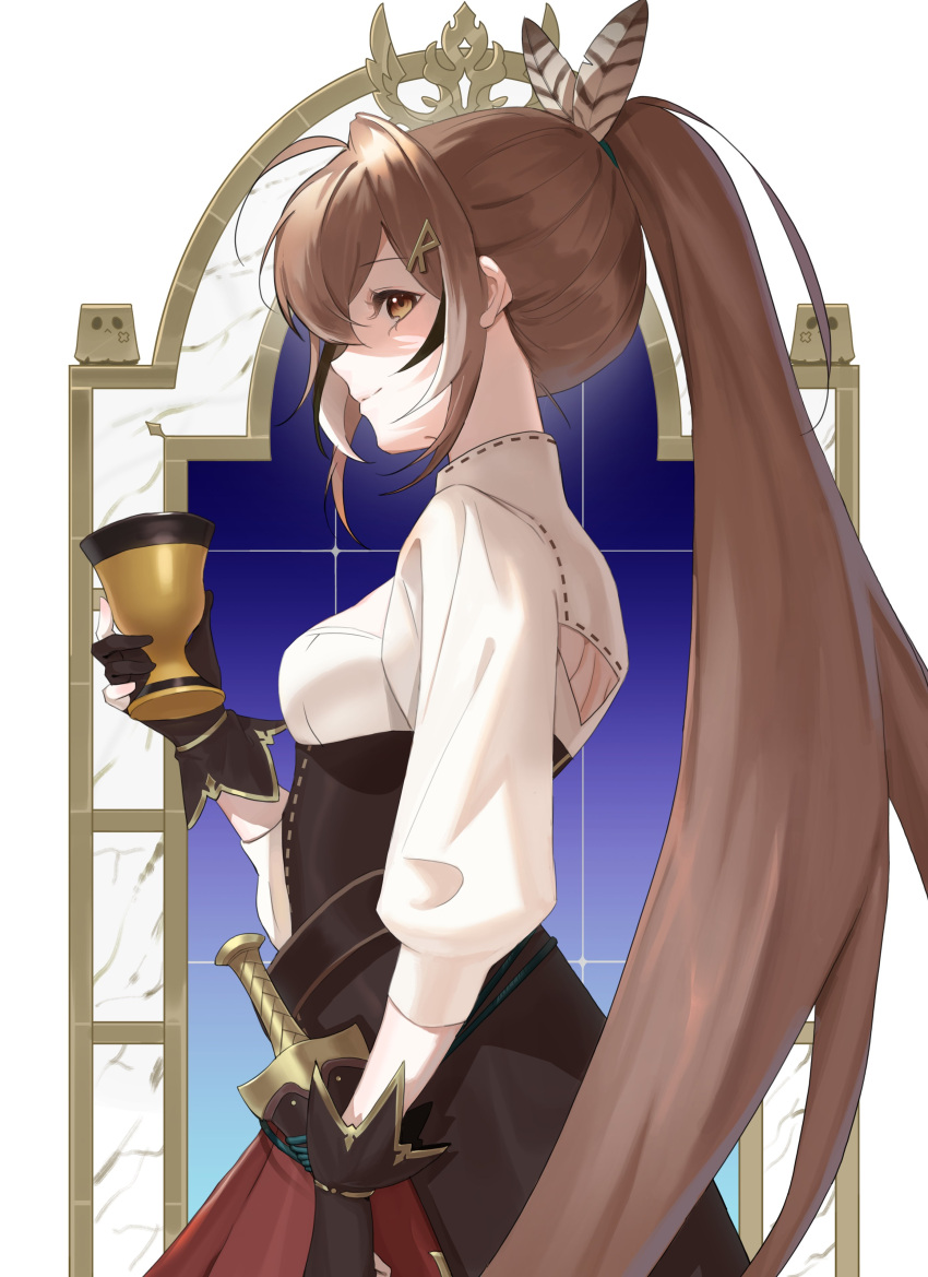 1girl absurdres ahoge belt brown_corset brown_eyes brown_hair chalice cleavage_cutout clothing_cutout corset crossed_bangs cup dagger feather_hair_ornament feathers friend_(nanashi_mumei) from_side gloves hair_ornament hairclip highres holding holding_cup hololive hololive_english knife long_hair looking_at_viewer multicolored_hair nanashi_mumei nanashi_mumei_(1st_costume) ogye_01 partially_fingerless_gloves pleated_skirt ponytail red_skirt shaded_face shirt skirt smile streaked_hair very_long_hair virtual_youtuber weapon white_shirt window