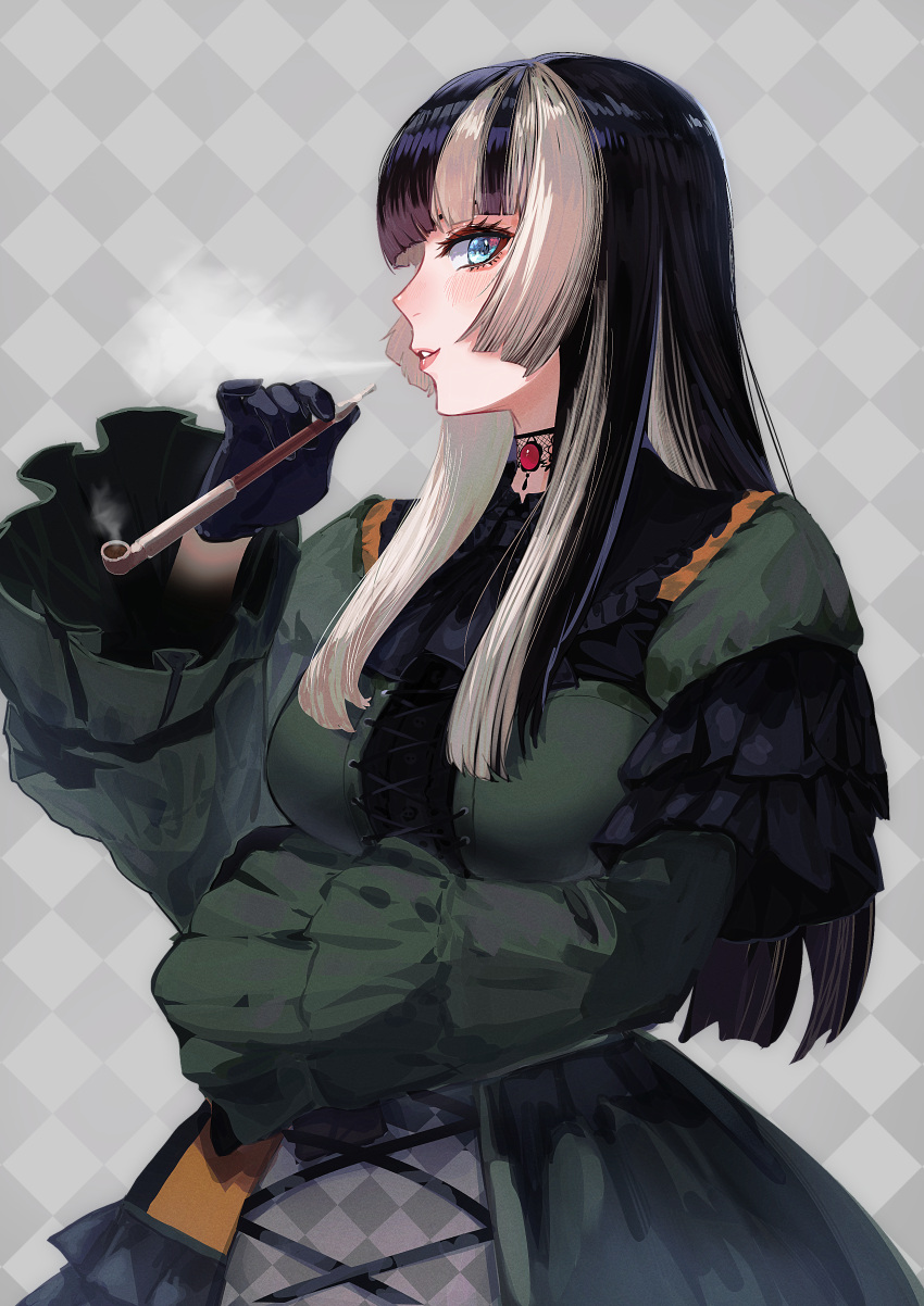 1girl absurdres black_gloves black_hair blue_eyes breasts checkered_background dress gloves grin highres hololive juufuutei_raden kiseru long_hair looking_at_viewer looking_to_the_side multicolored_hair murechika smile smoke smoking_pipe solo two-tone_hair virtual_youtuber white_hair