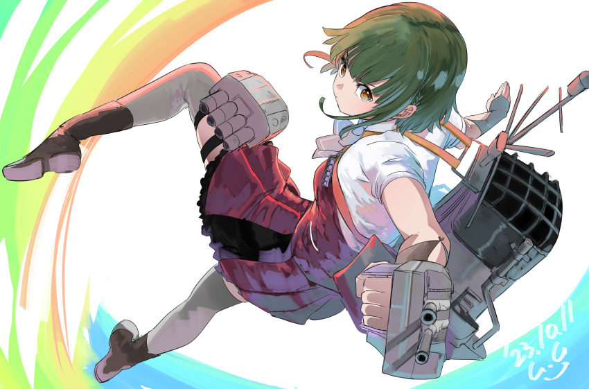 1girl adapted_turret aqua_bow aqua_bowtie bob_cut boots bow bowtie braid brown_eyes cannon dated gegeron green_hair grey_thighhighs highres holding holding_turret kantai_collection machinery pleated_skirt purple_skirt purple_vest rigging school_uniform shirt short_hair short_hair_with_long_locks short_sleeves side_braids sidelocks signature skirt smokestack solo takanami_(kancolle) takanami_kai_ni_(kancolle) thigh-highs torpedo_launcher torpedo_tubes turret unworn_vest vest wavy_hair white_background