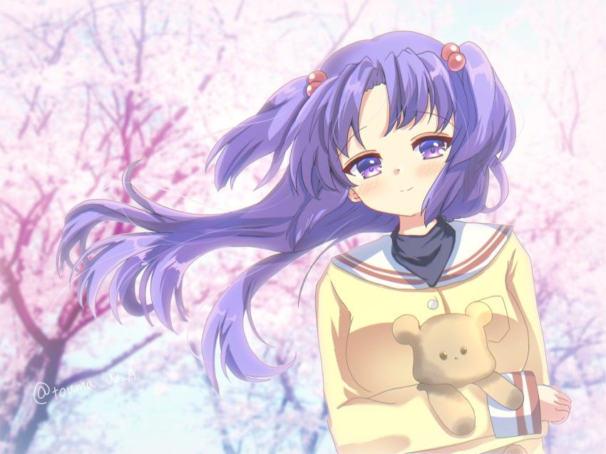 1girl arm_under_breasts blue_hair blurry blurry_background blush cherry_blossoms clannad closed_mouth commentary_request day floating_hair hair_bobbles hair_ornament highres hikarizaka_private_high_school_uniform holding holding_stuffed_toy ichinose_kotomi jacket long_hair long_sleeves looking_at_viewer outdoors parted_bangs sailor_collar school_uniform smile solo stuffed_animal stuffed_toy teddy_bear twitter_username two_side_up upper_body violet_eyes white_sailor_collar wind wind_lift yaki-ayato yellow_jacket