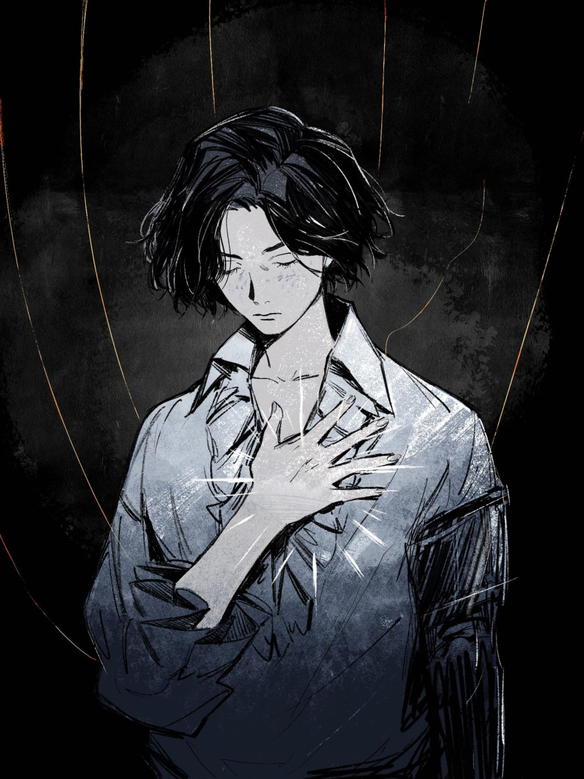 1boy black_background black_hair closed_mouth freckles fune_(nkjrs12) grey_background grey_shirt hand_on_own_chest hand_up highres lies_of_p male_focus parted_bangs pinocchio_(lies_of_p) prosthesis prosthetic_arm shirt short_hair solo upper_body