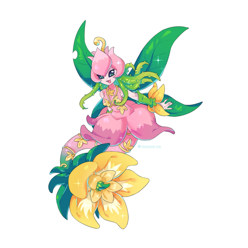 1girl detached_sleeves digimon digimon_(creature) dress fairy flower full_body green_sleeves hair_vines highres leaf_wings lilimon looking_at_viewer mermaid monster_girl open_mouth petals pink_dress pink_tail plant plant_girl roccoco_co simple_background solo white_background yellow_flower