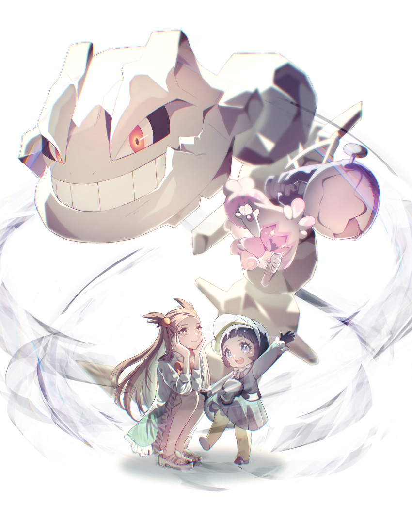 2girls absurdres black_hair brown_eyes brown_hair dress full_body hair_bobbles hair_ornament hammer highres holding holding_weapon huge_weapon jasmine_(pokemon) jumping light_brown_hair long_hair looking_at_viewer multiple_girls open_mouth pokemon pokemon_(creature) pokemon_(game) pokemon_hgss pokemon_sv poppy_(pokemon) red_eyes salute sandals short_hair simple_background smile squatting standing steelix teeth tinkaton weapon weiss_9610 white_background