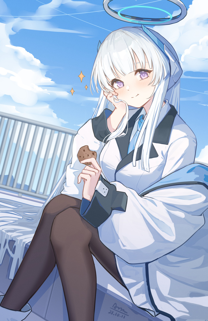 1girl absurdres black_pantyhose blue_archive blue_necktie blush breasts chinese_commentary chiyo_akira closed_mouth collared_shirt cookie eating food grey_hair halo highres holding holding_food jacket large_breasts long_hair long_sleeves looking_at_viewer mechanical_halo necktie noa_(blue_archive) pantyhose shirt sitting smile solo violet_eyes white_jacket white_shirt