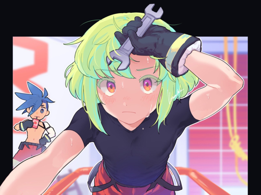 2boys alternate_costume belt black_belt black_gloves black_shirt blue_hair blush drinking galo_thymos gloves green_hair highres holding holding_wrench hot kome_1022 lio_fotia looking_at_viewer male_focus multiple_boys otoko_no_ko pants promare red_pants shirt short_hair solo_focus strawberry_milk sweat tight_clothes tight_shirt topless_male violet_eyes wrench