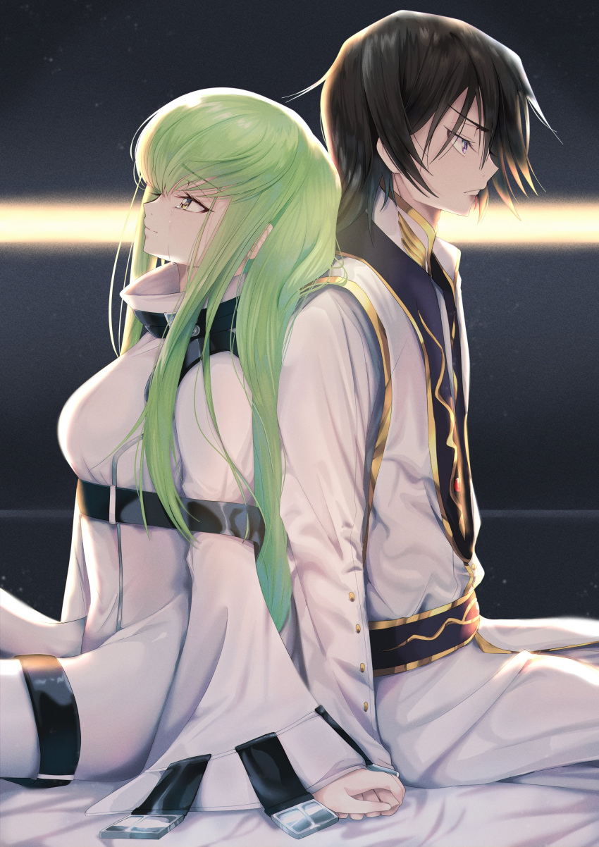 1boy 1girl 2023 absurdres back-to-back backlighting belt black_background black_belt black_hair breasts budgiepon c.c. closed_mouth code_geass commentary_request couple cowboy_shot crying crying_with_eyes_open dated_commentary dress eyelashes from_side frown furrowed_brow green_hair hair_between_eyes hetero highres holding_hands lelouch_vi_britannia lips long_hair long_sleeves looking_afar looking_up medium_breasts pants profile sad_smile short_hair sidelocks simple_background sitting straight_hair streaming_tears tears v-shaped_eyebrows very_long_hair violet_eyes white_dress white_pants wide_sleeves yellow_eyes