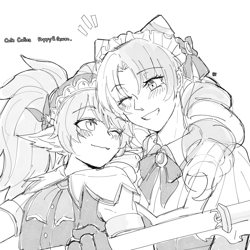 2girls ;) ;d blush bow cafe_cuties_gwen cafe_cuties_poppy cone_hair_bun drill_hair english_text fang greyscale grin gwen_(league_of_legends) hair_bow hair_bun highres holding holding_weapon league_of_legends looking_at_another maid_headdress monochrome multiple_girls official_alternate_costume one_eye_closed pointy_ears poppy_(league_of_legends) smile teeth twin_drills twintails weapon xayahsona_27 yordle