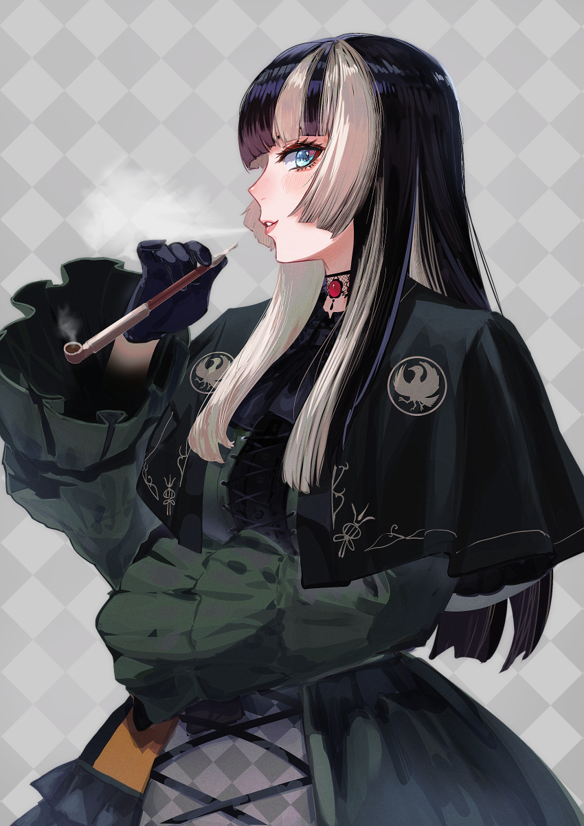 1girl absurdres black_gloves black_hair blue_eyes breasts capelet checkered_background dress gloves grin highres hololive juufuutei_raden kiseru long_hair looking_at_viewer looking_to_the_side multicolored_hair murechika smile smoke smoking_pipe solo two-tone_hair virtual_youtuber white_hair