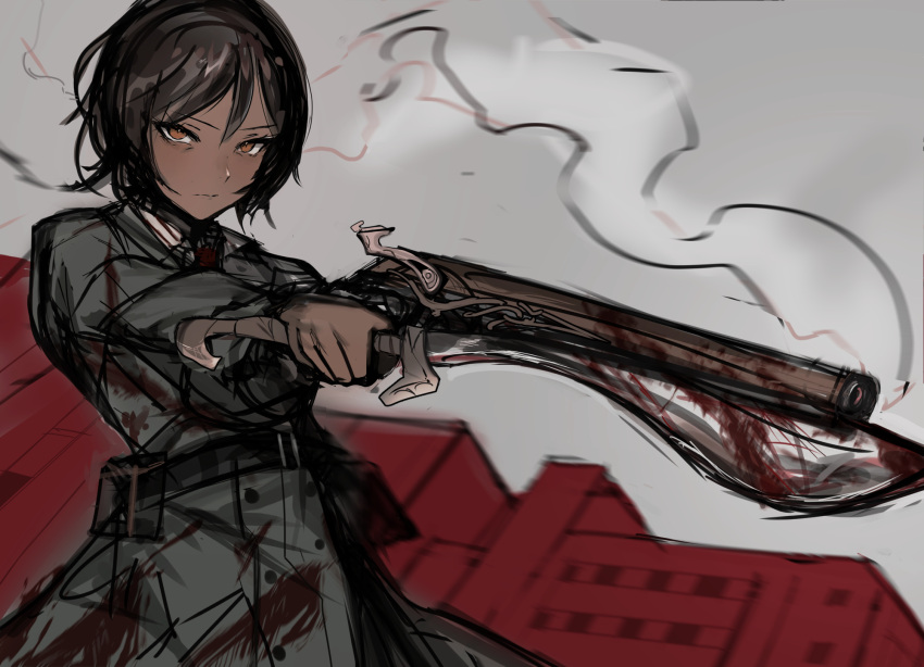 1girl belt belt_pouch black_belt brown_eyes brown_hair buttons chuhaibane coat dark-skinned_female dark_skin e.g.o_(project_moon) green_coat gun highres limbus_company long_sleeves looking_at_viewer military_uniform outis_(limbus_company) pouch project_moon smoke smoking_gun solo uniform weapon weapon_request