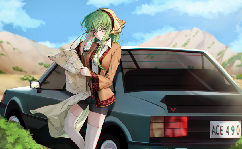 1girl absurdres alternate_costume black_choker black_shorts blue_car blue_sky blush breasts brown_jacket budgiepon c.c. car casual choker closed_mouth code_geass commentary_request crossed_bangs day dress dress_shirt eyes_visible_through_hair feet_out_of_frame floating_hair geass green_hair hair_between_eyes hand_in_own_hair hand_up head_scarf highres holding holding_map jacket lips long_hair long_sleeves looking_at_viewer map medium_breasts motor_vehicle outdoors scenery shirt shorts sidelocks sky smile solo standing straight_hair sunlight thigh-highs very_long_hair white_dress white_thighhighs wide_shot wide_sleeves wind wind_lift yellow_eyes