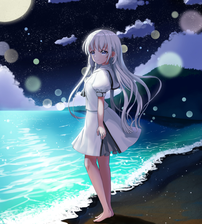 1girl absurdres arm_at_side ascot barefoot beach black_ascot blue_eyes blunt_ends closed_mouth commentary ester1009 eyelashes floating_hair from_side frown full_body full_moon hair_between_eyes hair_ornament hairclip highres light_blush light_particles long_hair looking_at_viewer miniskirt moon moonlight naruse_shiroha night ocean puffy_short_sleeves puffy_sleeves sailor_collar school_uniform serafuku shirt short_sleeves sidelocks skirt sky solo standing star_(sky) starry_sky summer_pockets very_long_hair white_hair white_sailor_collar white_shirt white_skirt