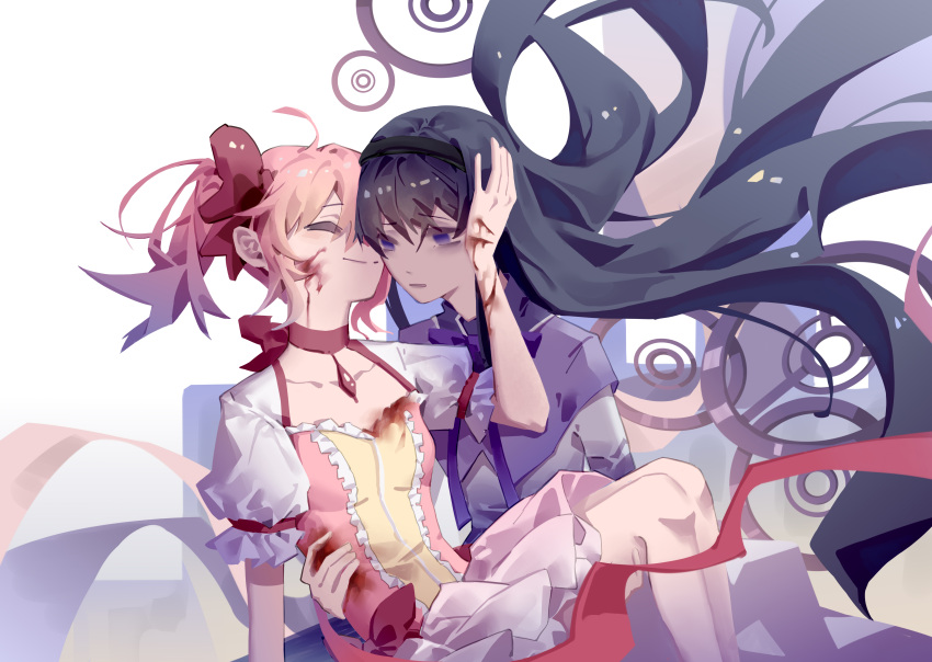 2girls ^_^ absurdres akemi_homura black_hair black_hairband blood blood_on_face blood_on_hands bow bow_choker bowtie bubble_skirt capelet carrying carrying_person chinese_commentary choker chouti_ttt closed_eyes collarbone commentary_request dress dress_bow empty_eyes floating_hair frilled_sleeves frills from_side hair_bow hairband hand_on_another's_head highres kaname_madoka long_hair magical_girl mahou_shoujo_madoka_magica mahou_shoujo_madoka_magica_(anime) multiple_girls one_eye_covered pink_dress pink_hair princess_carry puffy_short_sleeves puffy_sleeves purple_bow purple_bowtie purple_capelet red_choker short_hair short_sleeves short_twintails simple_background skirt smile twintails violet_eyes white_background white_skirt