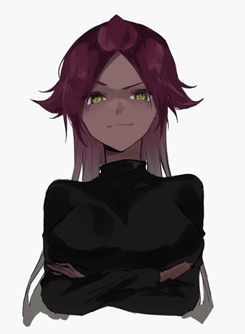 1girl black_shirt black_theme bleach closed_mouth commentary_request cropped_torso crossed_arms dark-skinned_female dark_skin eyelashes highres long_hair long_sleeves looking_at_viewer parted_bangs purple_hair shihouin_yoruichi shirt simple_background smile smug solo straight-on ui_1231 v-shaped_eyebrows white_background yellow_eyes