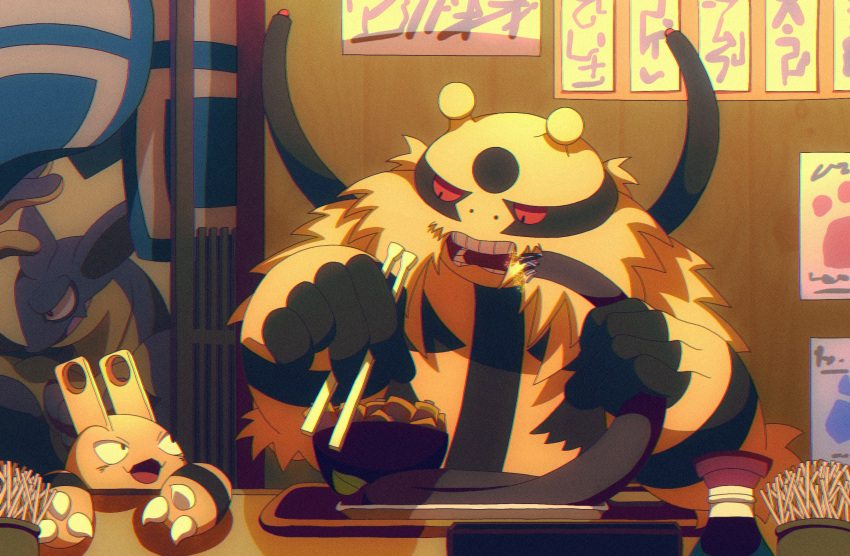 batter cable chopsticks eating electivire elekid highres holding holding_chopsticks indoors joez looking_at_another no_humans open_mouth pokemon pokemon_(creature) red_eyes restaurant soy_sauce_bottle table teeth toxtricity toxtricity_(amped) tray wooden_wall