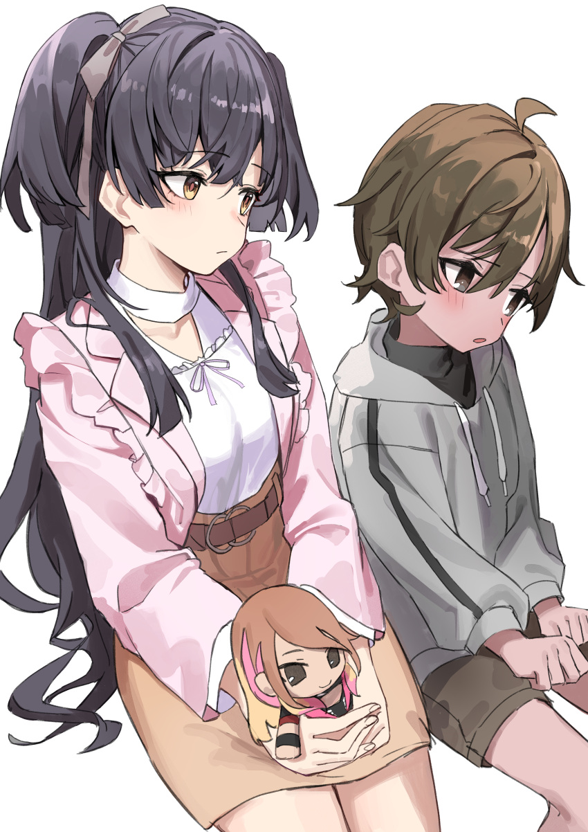 1boy 1girl absurdres age_difference averting_eyes belt_buckle black_hair blush breasts brown_shorts brown_skirt buckle character_doll grey_hoodie haruyuki_(gffewuoutgblubh) highres hood hoodie idolmaster idolmaster_shiny_colors invisible_chair izumi_mei izumi_mei's_brother jacket long_hair looking_at_another mayuzumi_fuyuko medium_breasts own_hands_together pink_jacket shirt shorts simple_background sitting skirt two_side_up very_long_hair white_background white_shirt