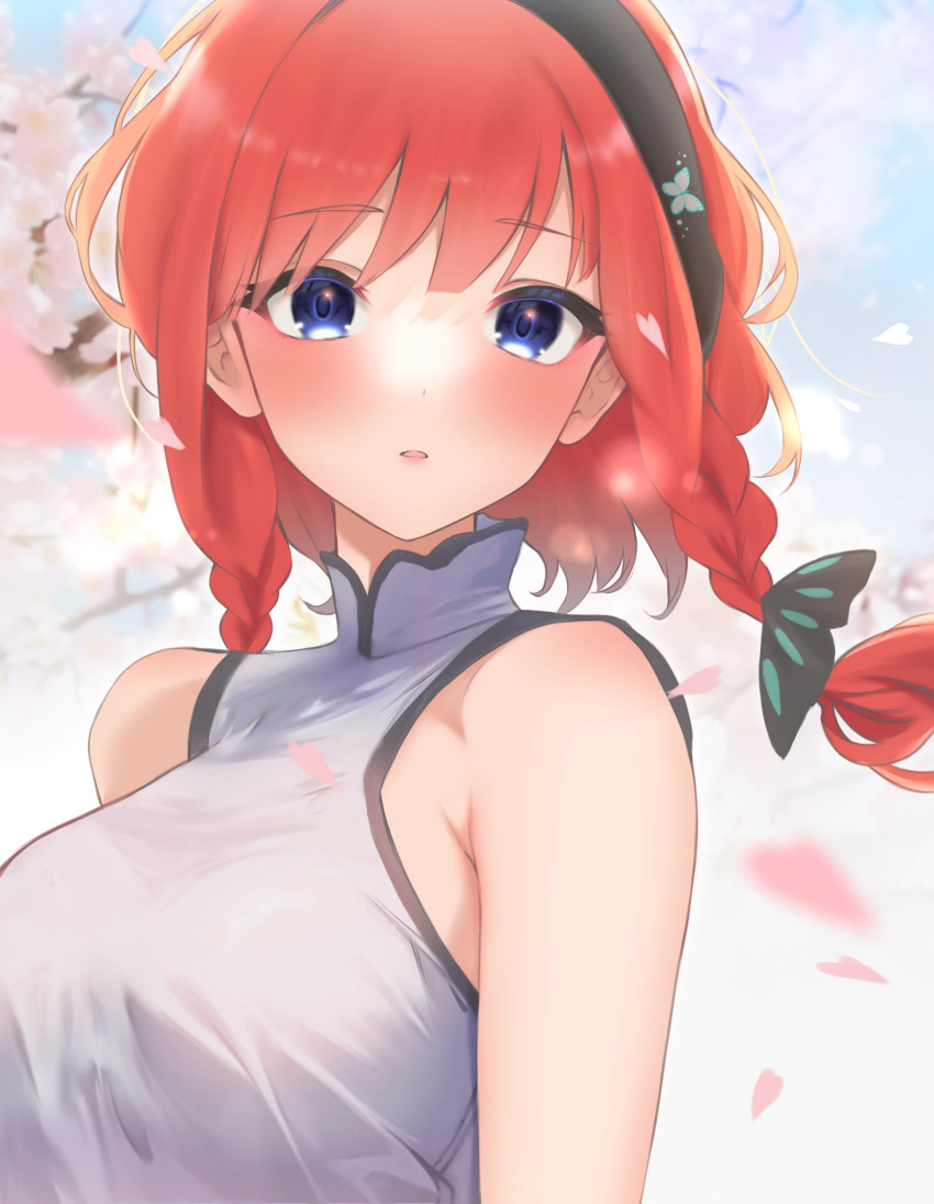 1girl alternate_costume alternate_hairstyle armpit_crease bare_shoulders black_hairband blue_eyes blunt_bangs blurry blush braid breasts butterfly_hair_ornament china_dress chinese_clothes commentary day depth_of_field dress eyelashes falling_petals floating_hair go-toubun_no_hanayome hair_ornament hairband highres kakato_0 large_breasts looking_at_viewer medium_hair nakano_nino outdoors parted_lips petals redhead sleeveless sleeveless_dress solo spring_(season) tsurime twin_braids upper_body