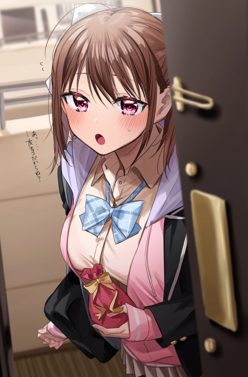 1girl bag black_bag black_jacket blazer blue_bow blue_bowtie blurry blurry_background blush bow bowtie breasts brown_hair chigusa_minori collared_shirt commentary_request cowboy_shot cross-shaped_pupils depth_of_field dress_shirt hair_bow highres hood hoodie jacket kokoro_iroduku_koi_ga_shitai large_breasts long_sleeves looking_at_viewer medium_hair momose_akari open_clothes open_hoodie open_mouth pink_eyes pink_hoodie plaid plaid_bow plaid_bowtie pov school_bag school_uniform shirt shoulder_bag sidelocks sleeves_past_wrists solo sweatdrop symbol-shaped_pupils translation_request white_bow yellow_shirt