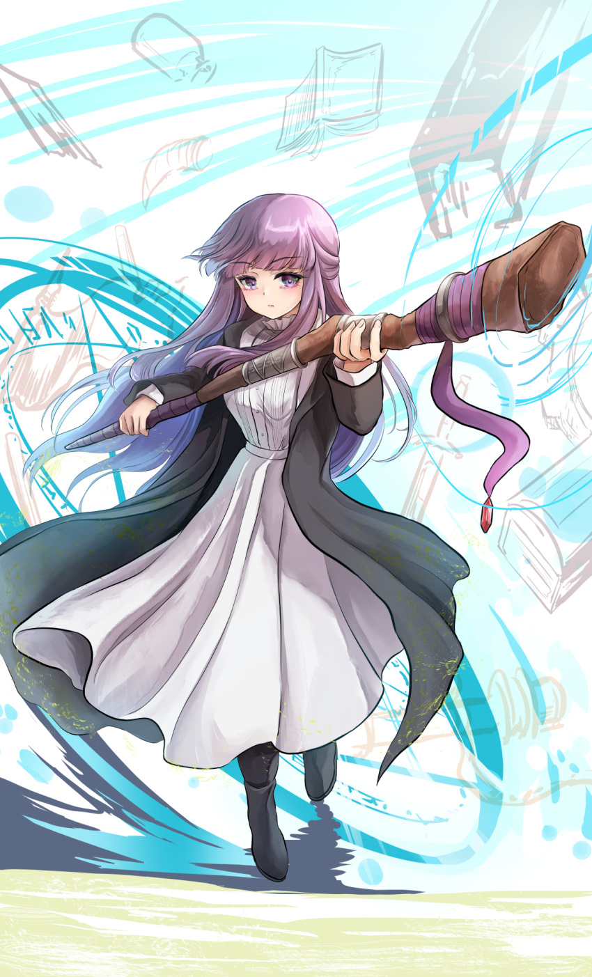 1girl black_coat black_footwear blunt_bangs boots braided_scarf breasts buttons closed_mouth coat cut_bangs dress fern_(sousou_no_frieren) highres holding long_coat long_dress long_hair long_sleeves looking_at_viewer mage_staff namiki_(remiter00) purple_hair simple_background sousou_no_frieren straight_hair violet_eyes white_dress wizard