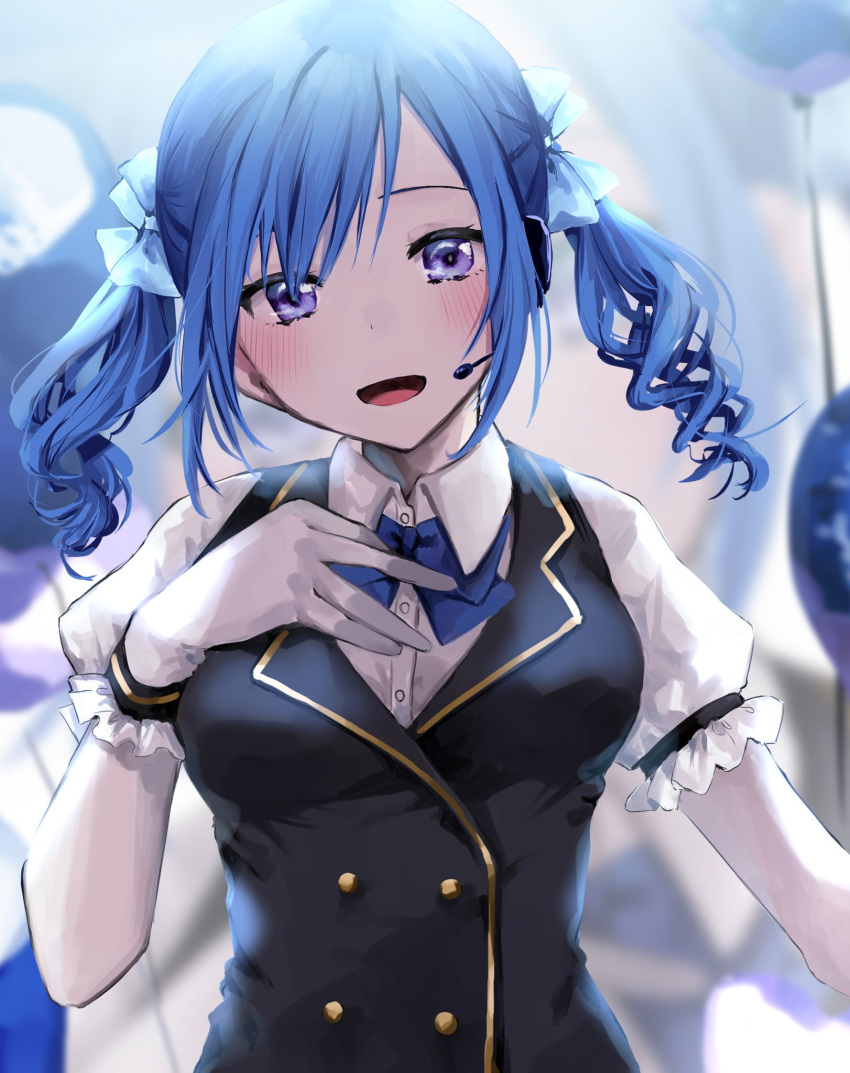 1girl black_vest blue_bow blue_bowtie blue_hair blurry blurry_background blush bow bowtie breasts chigusa_minori collared_shirt commentary_request dress_shirt earpiece gloves hair_bow hand_on_own_chest head_tilt highres large_breasts medium_hair open_mouth original puffy_short_sleeves puffy_sleeves shirt short_sleeves sidelocks solo twintails upper_body vest violet_eyes white_gloves white_shirt